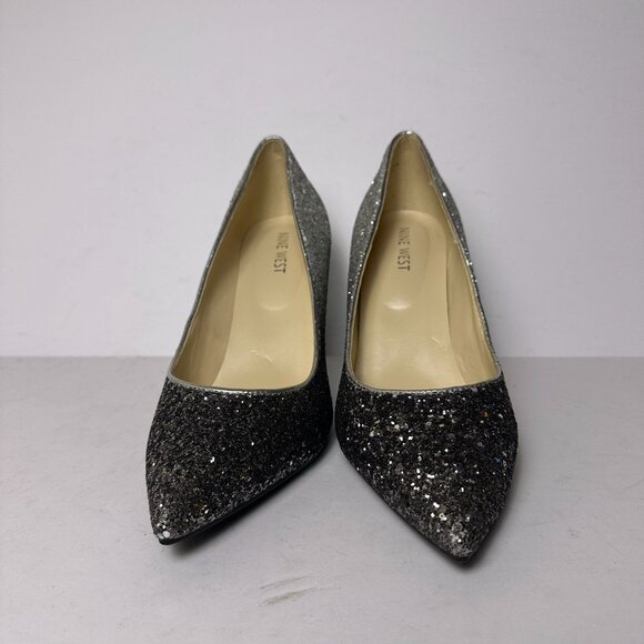 Nine West Women 9 Two Tone Ombre Coarse Glitter Fabric Silver Heels Pump Grey - Picture 3 of 16